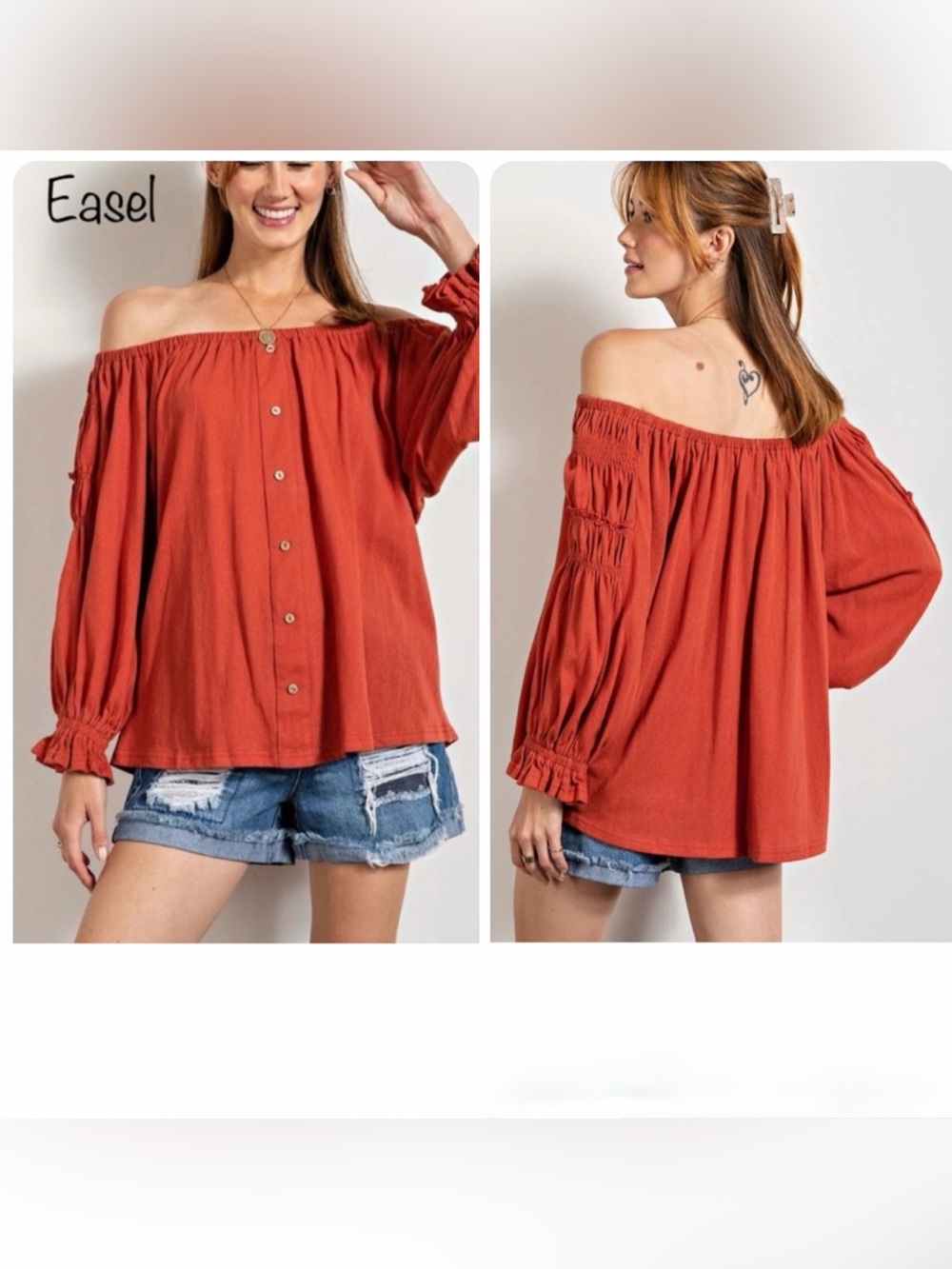 Off-Shoulder Faux Button-Front On/Off Shoulder Women's Top in Rust Red